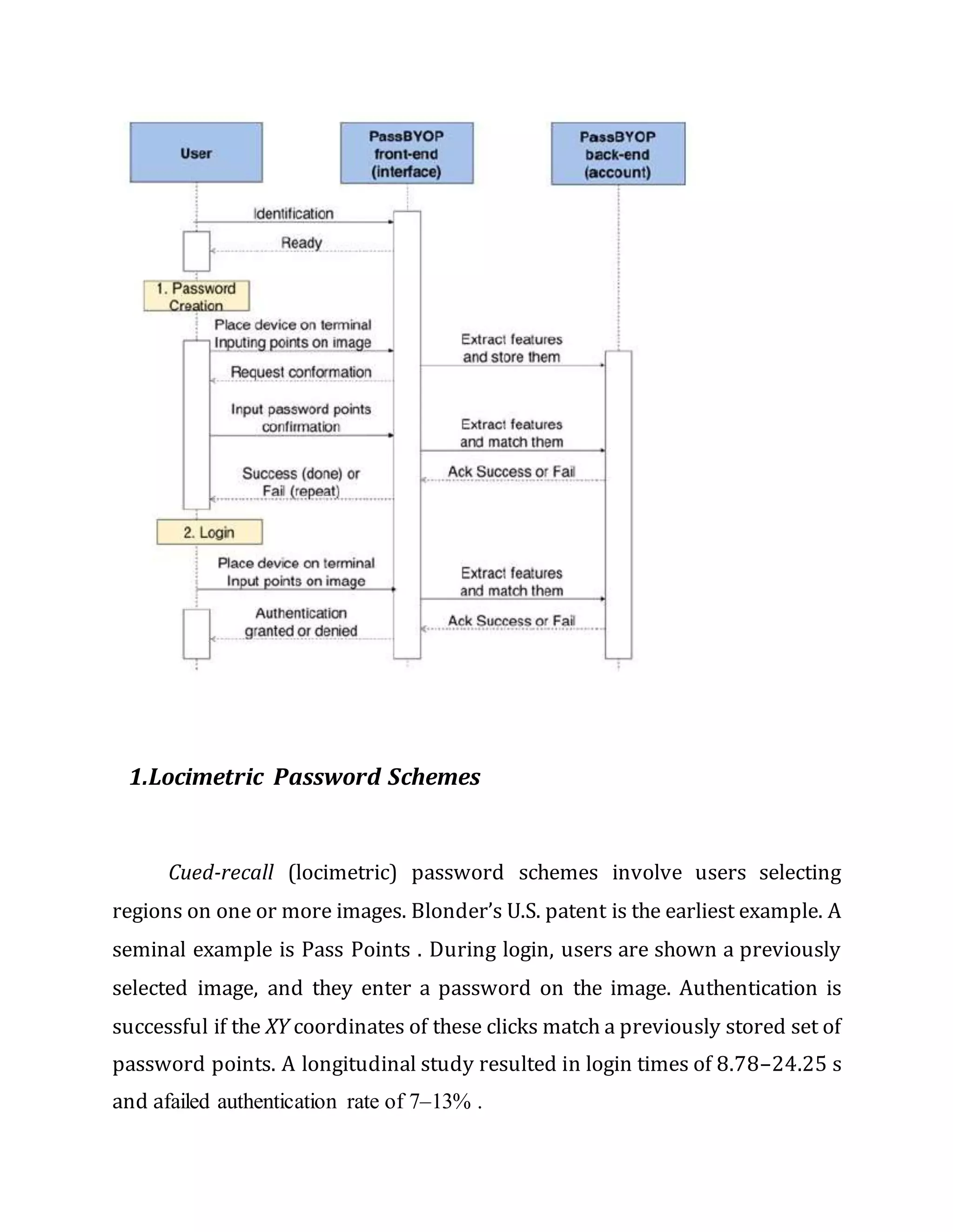 1.Locimetric Password Schemes
Cued-recall (locimetric) password schemes involve users selecting
regions on one or more images. Blonder’s U.S. patent is the earliest example. A
seminal example is Pass Points . During login, users are shown a previously
selected image, and they enter a password on the image. Authentication is
successful if the XY coordinates of these clicks match a previously stored set of
password points. A longitudinal study resulted in login times of 8.78–24.25 s
and afailed authentication rate of 7–13% .
 