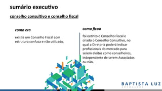 sumário	execu.vo	
conselho	consul.vo	e	conselho	ﬁscal		
exis,a	um	Conselho	Fiscal	com	
estrutura	confusa	e	não	u,lizado.	
como	era	 como	ﬁcou	
foi	ex,nto	o	Conselho	Fiscal	e	
criado	o	Conselho	Consul,vo,	no	
qual	a	Diretoria	poderá	indicar	
proﬁssionais	do	mercado	para	
serem	eleitos	como	conselheiros,	
independente	de	serem	Associados	
ou	não.	
 
