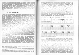 ll

rlcpcflJ rrrrsr (lJ lir u(' ior1clrr..trilr(tI(. dc Ic).i.lcn(lj (t.(.rt(I (l.rrrc, cIt
l(lclltrli§ (l rl Unc (,tll( polilrquc:usccplrbtc dc rnùbitiscr t.iit(tcur. ou.rt y,;r
(l( (h,'r(c ou (lu Ënrxhc. UIl notnbre rrès èlc!è dc candidils ne contrrue en
rurrirrrl plrr Un..oflrL trôs rraclrc. Bcirucoun d ôlcctcurs sonr alors dôsoricnlcs,
nc irchtlrr n.r lré: bien (lJs:er dc lrop nombreu candidat. Au.onur,r., un
rrùrrhrc IiD)Ic de c.rndiJar. rcprô.cnrinls lc: grande tcndances bicn identihées
rl(( I'r,rc: polttrq e. csl ir conjonctore Ia plu. poneuse dc parlrcipation èlecto-

Le vote blanc et nul
( ,,rnrnr on l'r r u prccôdernmcnt. le pcrsunnc qui ll epriment pa5
dc volc lors
flc: ct((lro  pcucnt errù sort non rnscritc. soit ablcntionniste. Mai5 elles
I(ucrr .rus.i .e diphcer nout orer cr dèpoer dgn: l umc un bullclin blanc ou
rnrl(40) La .riritique élccrorrle mcl cn.embl(. da s ccllc catéporie des comnoF
Itj,))(Dl. 1s(cr drtr"Àrcnciéi: lcs bulietin blancs ou nulr pcu"enr rôsuller'des
ùr,.,ur nr:rtlflcJlc cl de icad. aur rcgle, dc val,dation ioubtier de mertrc le
l,rrll( lirr (l
l cnr rlulle. cn rncllre dcu. meIrc un bultclrn déchire ou l,rchô ou
rn(,rr flr.r'rs nr.rrriere rclle qu on peul ) oir une marque distjnulre); jls Feu_
dc
ürl r.rr,,r,t(I auçi lc relus d un candidJl ron uritre le bUltetin pour te dènilircr) ou I.t contcstation de i'olïre élcctorale (insâtisfactiorl à l.égârà de tous les
(,rrJr([ir.. incapxc è à chorir cnlrc pluiüur candidct. ou entrele or,l et le roa
r ur.r(lc(rrJum. Il s atsit alor. d unc ..:lbstenrion civiquc -. qul con.i5tc à
runrplir soD devojr.de citoycn tout cn inânifestait une cert;ine in;tisfaction.
II r..r rmpo$jblc d( crlcuter Ii pdfl des bhnt.. er nuts qui rcl;e des
.
'Inple encrr, et l:cllc qrri er.prime rrne inLenrion pohtiquc t4l ,. On peul cepcnrlant considérer que les eneurs sont cn nonrbrc à
leu pias àonstant à,une Étec_
lion à l'autre et d'une rêgion à l aulre (même si un scrutin nouveau peut générer
rn pcu plus d'elTeurc et si des hâbitudcs régionalcs concemant l.annulition dc

oortains.tr?es de bulletins peuvent cxister). Cecj pemret d,interpréter les difé_
rcrrcc. Jans le.rerrrps er dJn I'epuce comD)e erani I er.presion ie phônomènes
rocirux er poliriqucs (42).
L'obscwation dcs taux de votes blancs et nuls en longue période
(tdbleêu 2 pour les référenduns lrt râbleau 5 pour les éiecrions léèislaiives et
pré.ulorli(llii.r nronrrc t e:risrcncc rJe qu..!rrei poinr.. p", r-"ppon i un niii*
lnrL,rrrh.l

lurtrc I rr 2 0, dlj. irs.ritsr. Cc. Ioinle. peuicnr ..erpliquer dc

olu_
.rùur urrnrcrci. Ure rendJnce polirique pcul (onseiller ceue.ruiiudè
courmà ce
lirl I( ca: pour PSU lors Ju rètôrcndum du à Jvrit tao2 conccmxnl les

l(

ûccords d'Eviân sur le cessezJe-feù en Algérie. Lorsqu.une tendance politique

r [ ..+n,r rrr-,'r . ul.]l, *!t!ùcr
pcatrerL,t,,1d,, F+1c rDom1.r.l,cr
Ld{ ).
/.../.lul.P:'. 2uÙt.ôo t0B. L, ",
^1,.ll'D-o.r lt. b'{,..rtc.n.rt.Jc,r(j,r!,ro,t(!utr,oh.,..Id,etr,c,.,oJn.tc.rc..,trrrrtclro.dj
10' (

',{.,i

'.
r'tr.t,.,,r.,...lh..n.'mir1..r,1...(,r.p,,n.,.lonr.,{rmcn.,.cqu(-cn,trd.,;iia.àr-,:,-iüi;;
! nlr l lrll)r.
'
'!-i l. d'-L,rjrf,'1, ,L,bt r,(tj,r.. .ip!,.rrùJr,td..,pùtrhre..OnaourrcrDcr,lr,rttrc
,..1 1,.' rin',rrrJ.
Èttr.,r(rrnJut, ltttnl.rtr_,,-._.nt. f,Lnct.H_,I.rk,'ton,.lgss

'.r..r

Irüconisc I'nbslcrlioll. il l)cul s'§rsui!rc llussi unc nrontéc (ics blarcs cl ruls
(crs du P(F-.ru tlcuxiènrc lour dc lilcctioD présidcDliclle dc iuin 1969. du PS
nr [lércndùnr d'av,'il 1972 sur l ôlârgisscnlent dc l:r CEE. du IiPR lors du référendurn de Dover)bre l9ft8 sur la Nouvelle-Calédonie). Le vole blanc et Dul
r'cst donc pas sans lien âvec l'âbstcntion. On obscrvc d'aillcurs quc, dans les
(llcctions à Lleux tours, le vote blanc et nul est loujours plus répandu au second
lour. Plus unc élcction mobilise l'électorai sur des enjeux politiques clairs au
l)rcrDier tour avec une ofte électorale diversifiée, plus i'abstention et 1es votes
hlancs sont limités, Au second tour, ùbstentions ct votcs blâncs pcuvcnt aùgmenlcr lorsquc nc subsistcl'lt en compétition que deux candidats qui déplaisent tous
(lcüx tlL un segment de I'électorat (par exemple, des électeurs FN en cas de duel
(hr)irc-gaùche. des électeurs de droite dans un duel gâuche-extrême droite, des
alcctcuh de Lauchc dans un ducl droito-cxtrômc droitc).

5. Pourcentage de votes blancs et nuls (en % des inscrits) aux élections présidentielles et législatives (1945'2002)
Tableau

1ÿ15

)ur unque (éectEns
ruhn propo.lonne à

ts46

195r

1956

20

âu

u. seu

iuin 1946
1.2

1,5

2.9

31

'1058

1962

2,0

21

0.9

t8

26

2A

2.3

2T

t98l

r98't

1986
(1)

13

l0

34

25

2A

blique
iqug

r965

1967

1988

r6
3,0

1964

't969

t0

18
2T

2,2

tgaa

1993

14
23

65

't978

1973

'1995

o8
1,2

1997

2002

22

34

24

48

l5

42

20lJ2

26

lr) I e.lons au s.r!1n !,oDorr.,

Depuis 1993. le niveau des votes blancs et nuls semble croissânt, y
courpris au premier tour. Il faut probâblement y voir un écho dc lâ montéc du
scntiment anti-politicien et de lâ déceplioù à l'égârd dcs forccs politiques. qui se
tr'.rduiscnt à la fois par dcs abstentions plus nombreüses et des votes blâncs un
l)cu plu§ fréquents.

La prise en compte des cartes des votcs blancs ci nuls (voir
30-32)pemct dc prolongcr l'interprétation. Elles sont tres sembiâbles- D'ur
flr.
scrulin à l'âutre. les zones de lorce et de faiblesse sont assez constantes. I) semhlc y avoir une opposition ertre les cates dc l'abstcnlion et cclles des votes
l)llncs cl uls. Lorsqu'un départemcnt est lortement abstentionniste, il est faihlcurcnt touché par le vote blânc et nul et inveNement. Lcs blancs ct nuls se
rcncontrent plutôl dâns des dépârtemenls ayani une population âgée et rurale ; il
s'rgii d§ zones or) le contrôle social est plus fort et oir 1â roûne du vote est prohnblcment plus forlc. On préfércra allcr voicr pour manifester son mécontente-

 