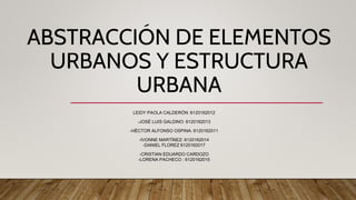 ABSTRACCIÓN DE ELEMENTOS
URBANOS Y ESTRUCTURA
URBANA
LEIDY PAOLA CALDERÓN :6120162012
-JOSÉ LUIS GALDINO: 6120162013
-HÉCTOR ALFONSO OSPINA: 6120162011
-IVONNE MARTÍNEZ: 6120162014
-DANIEL FLOREZ 6120162017
-CRISTIAN EDUARDO CARDOZO
-LORENA PACHECO : 6120162015
 