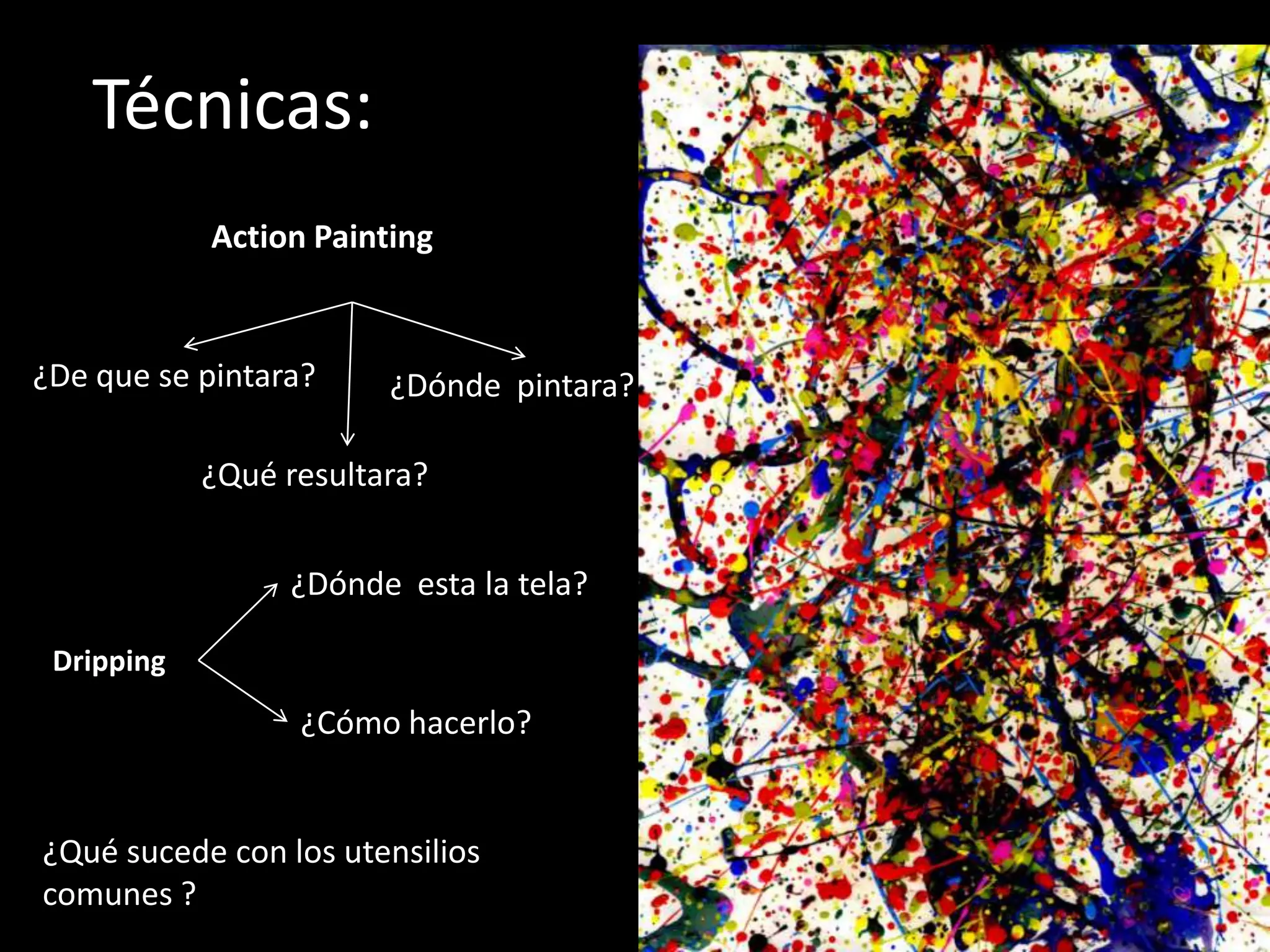•Dripping. Consiste en chorrear directamente la pintura del recipiente a la tela que estará extendida en el suelo. Lo innovador es precisamente eso



         Técnicas:
                       Action Painting


  ¿De que se pintara?                      ¿Dónde pintara?

                     ¿Qué resultara?


                                ¿Dónde esta la tela?

    Dripping
                                 ¿Cómo hacerlo?


   ¿Qué sucede con los utensilios
   comunes ?
 