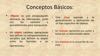 Conceptos Básicos:
• Objeto: es una encapsulación
abstracta de información, junto
con los métodos o
procedimientos para manipularla.
• Un objeto contiene operaciones
que definen su comportamiento y
variables que definen su estado
entre las llamadas a las
operaciones.
• Una clase equivale a la
generalización o abstracción de
un tipo específico de objetos.
• Un mensaje representa una acción a
tomar por un determinado objeto.
• Una instancia es la concreción de una
clase.
 