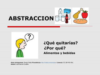 ABSTRACCION
¿Qué quitarías?
¿Por qué?
Alimentos y bebidas
Autor pictogramas: Sergio Palao Procedencia: http://catedu.es/arasaac/ Licencia: CC (BY-NC-SA)
Autora: Lola García Cucalón
 