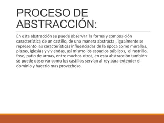 PROCESO DE
ABSTRACCIÓN:
En esta abstracción se puede observar la forma y composición
característica de un castillo, de una manera abstracta , igualmente se
represento las características influenciadas de la época como murallas,
plazas, iglesias y viviendas, así mismo los espacios públicos, el rastrillo,
foso, patio de armas, entre muchos otros, en esta abstracción también
se puede observar como los castillos servían al rey para extender el
dominio y hacerlo mas provechoso.
 
