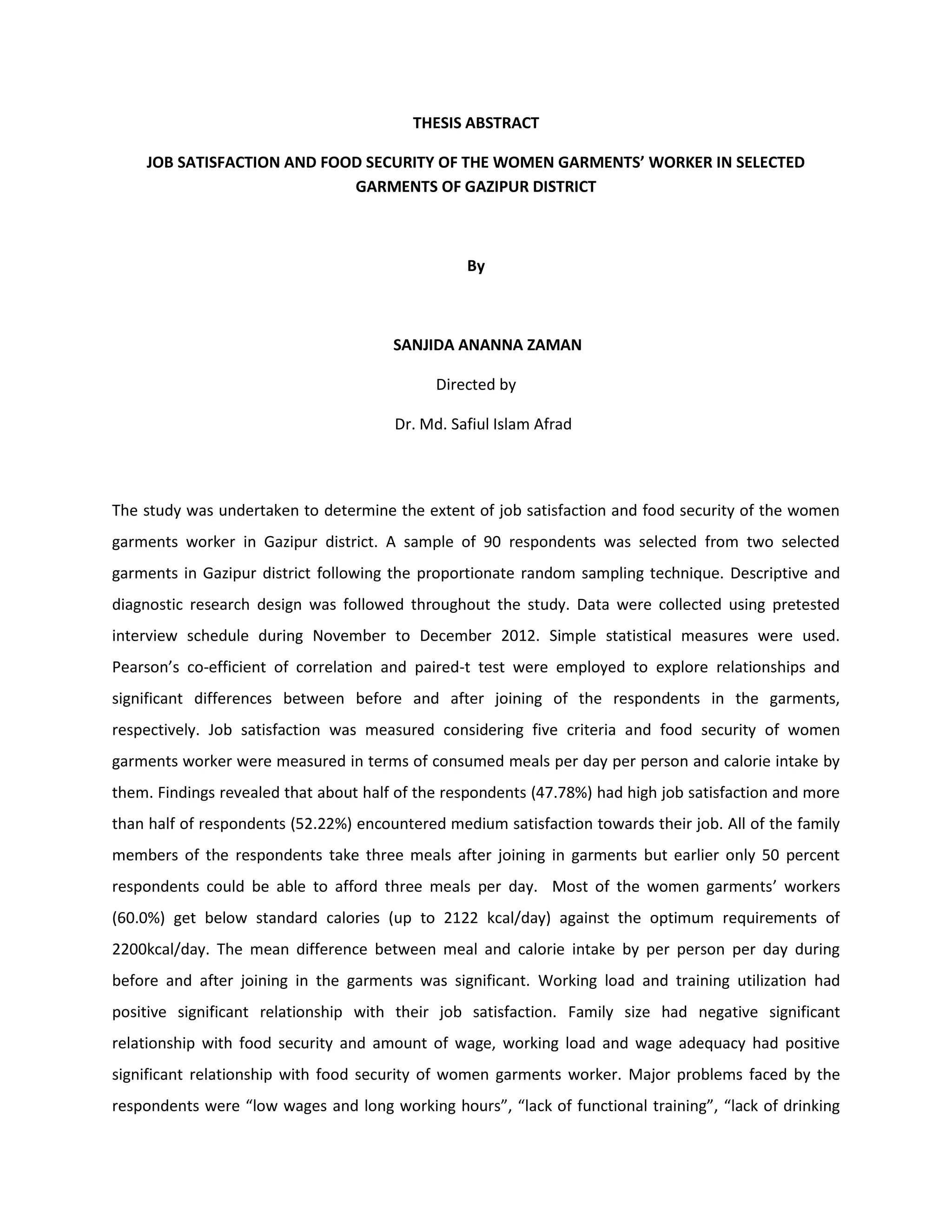 JOB SATISFACTION AND FOOD SECURITY OF THE WOMEN GARMENTS’ WORKER IN