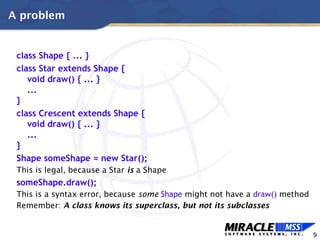 9
A problem
class Shape { ... }
class Star extends Shape {
void draw() { ... }
...
}
class Crescent extends Shape {
void draw() { ... }
...
}
Shape someShape = new Star();
This is legal, because a Star is a Shape
someShape.draw();
This is a syntax error, because some Shape might not have a draw() method
Remember: A class knows its superclass, but not its subclasses
 
