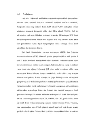 4.2 Pembahasan
Pada tabel 1 diperoleh hasil berupa beberapa komponen kimia yang terdapat
didalam RHA sebelum dilakukan treatment. Sebelum dilakukan treatment,
komposisi silika yang terdapat dalam RHA adalah 96,15% sedangkan setelah
dilakukan treatment komposisi silika dari RHA adalah 99,08%. Hal ini
dikarenakan pada saat dilakukan treatment, pencucian RHA dengan HCL dapat
menghilangkan sejumlah mineral atau senyawa lain yang terdapat dalam RHA
dan penambahan H2S04 dapat mengendapkan silika sehingga silika dapat
dipisahkan dari komponen lainnya.
Dari hasil Transmission electron microscopy (TEM) dan Scanning
microscope electron (SEM), diperoleh gambar yang ditunjukkan oleh gambar 1
dan 2. Hasil penelitian menunjukkan bahwa substansi surfaktan kationik tidak
melapisi permukaan partikel secara seragam. Selain itu, karena energi permukaan
yang tinggi dan adanya kelompok OH bebas pada permukaan silika yang
membentuk ikatan hidrogen dengan molekul air, ketika silika yang tersebar
diisolasi dari pelarut, ikatan hidrogen ini juga dihilangkan dan membentuk
penghubung Si-O-Si dan mengakibatkan partikel-partikel ukuran yang lebih besar
yang digumpalkan. Untuk surfaktan dari kelompok 1, campuran, setelah disintesis,
didispersikan sepenuhnya dalam fase butanol dan menjadi transparan. Hasil
penelitian menunjukkan bahwa distribusi ukuran partikel silika lebih seragam.
Dalam kasus menggunakan Aliquat 336, ADBAC, dan CPC, partikel silika dapat
diperoleh dalam bentuk rantai dengan ukuran partikel rata-rata 20 nm. Terutama,
saat menggunakan agen CTAB, dispersi sampel jauh lebih baik dengan ukuran
partikel terkecil sekitar 2-4 nm. Hasil penelitian menunjukkan bahwa permukaan
 