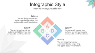 Infographic Style
Insert the title of your subtitle Here
You can simply impress your
audience and add a unique zing
and appeal to your Presentations.
Option D
You can simply impress your
audience and add a unique zing
and appeal to your Presentations.
Option B
You can simply impress your
audience and add a unique zing
and appeal to your Presentations.
Option C
You can simply impress your
audience and add a unique zing
and appeal to your Presentations.
Option A
B D
C
A
 