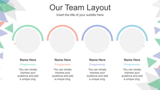 Our Team Layout
Insert the title of your subtitle Here
Name Here
Programmer
You can simply
impress your
audience and add
a unique zing.
Name Here
Programmer
You can simply
impress your
audience and add
a unique zing.
Name Here
Programmer
You can simply
impress your
audience and add
a unique zing.
Name Here
Programmer
You can simply
impress your
audience and add
a unique zing.
 
