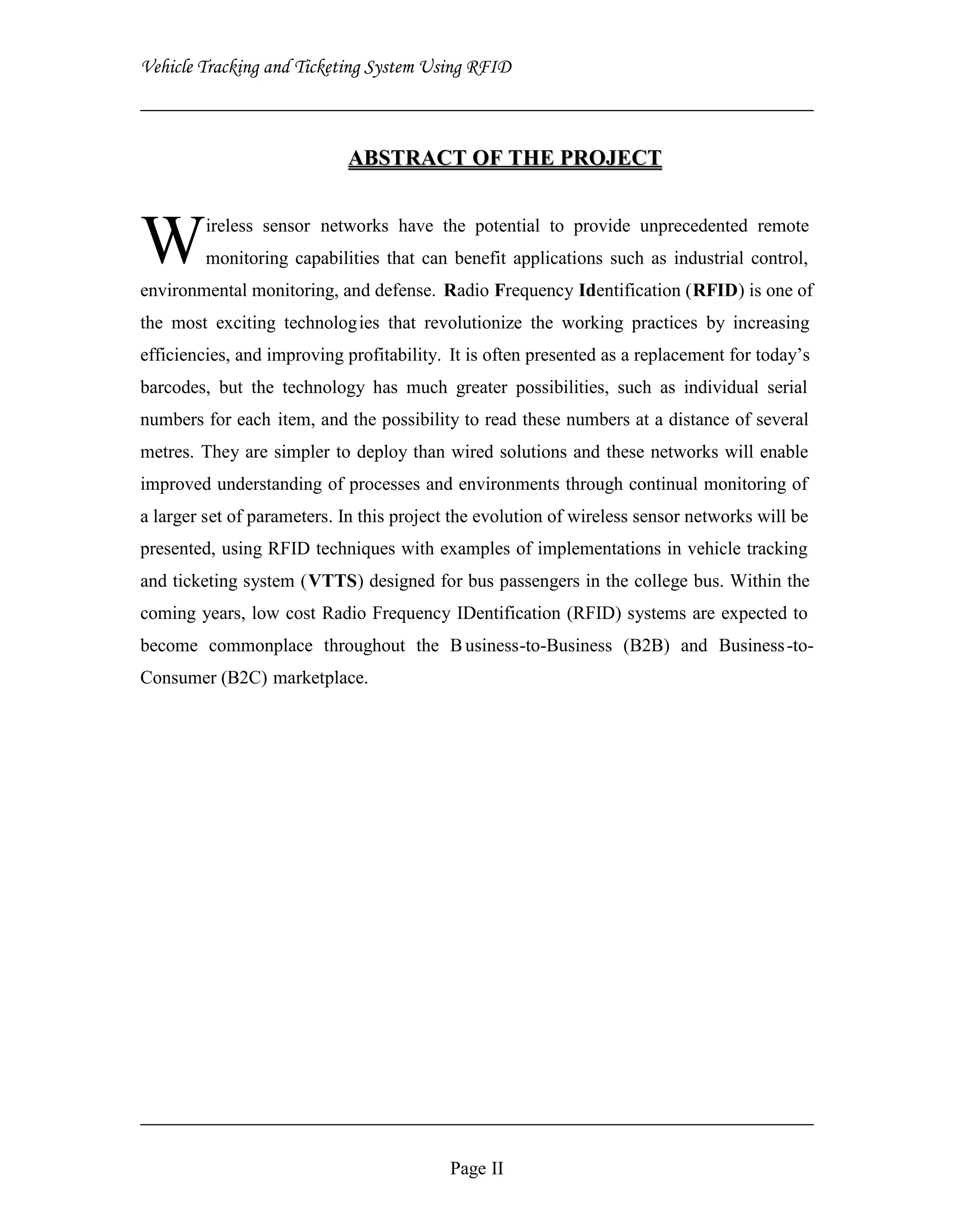 Abstract of the Vehicle Tracking and Ticketing System (VTTS) using RFID