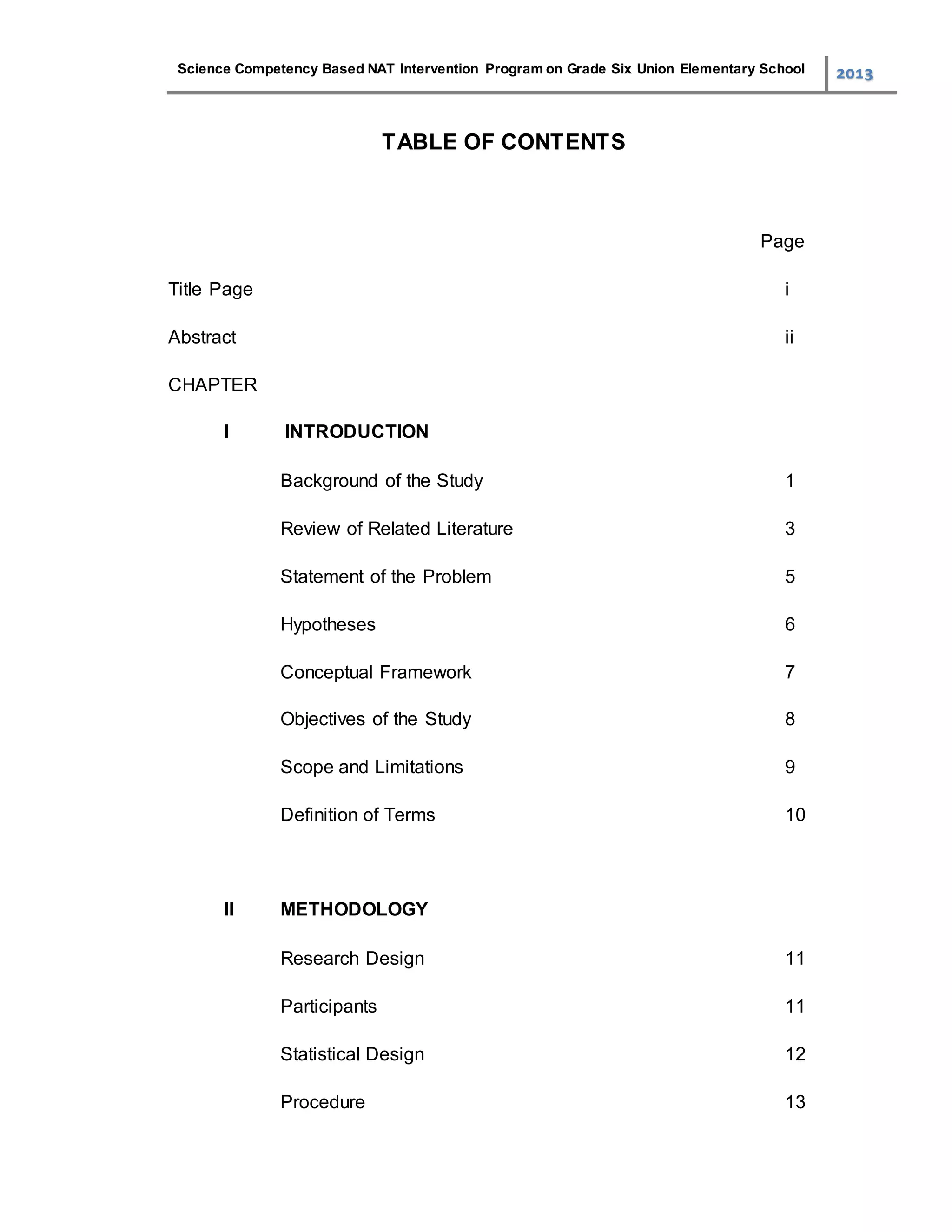 Science Competency Based NAT Intervention Program on Grade Six Union Elementary School 2013
TABLE OF CONTENTS
Page
Title Page i
Abstract ii
CHAPTER
I INTRODUCTION
Background of the Study 1
Review of Related Literature 3
Statement of the Problem 5
Hypotheses 6
Conceptual Framework 7
Objectives of the Study 8
Scope and Limitations 9
Definition of Terms 10
II METHODOLOGY
Research Design 11
Participants 11
Statistical Design 12
Procedure 13
 