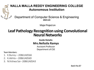 MajorProjecton
Leaf Pathology Recognition using Convolutional
Neural Networks
Team Members:
1. K.Bunny – 20B61A0566
2. K.Akhila – 20B61A0569
3. N.Vishwa Sai– 20B61A05A3
Guide Details:
Mrs.Nellutla Ramya
Assistant Professor
Department of CSE
NALLA MALLA REDDY ENGINEERING COLLEGE
Autonomous Institution
Department of Computer Science & Engineering
2023-24
Batch No.B7
 