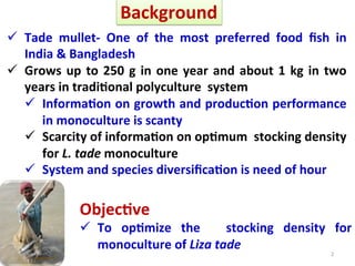 Growth and production performance of tade mullet, Liza tade (Forsskal, 1775) at different stocking density in tide fed brackishwater pond rearing systems in West Bengal