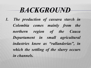 1. The production of cassava starch in 
Colombia comes mainly from the 
northern region of the Cauca 
Departament in small agricultural 
industries know as “rallanderías”, in 
which the settling of the slurry occurs 
in channels. 
 