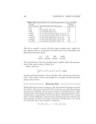 216 CHAPTER 12 GROUP ACTIONS
Table 12.2. Permutations of switching functions in four variables
Group Number
Permutation Switching Function Permutation of Cycles
(a) (0) 16
(ac) (2, 8)(3, 9)(6, 12)(7, 13) 12
(bd) (1, 4)(3, 6)(9, 12)(11, 14) 12
(adcb) (1, 2, 4, 8)(3, 6.12, 9)(5, 10)(7, 14, 13, 11) 6
(abcd) (1, 8, 4, 2)(3, 9, 12, 6)(5, 10)(7, 11, 13, 14) 6
(ab)(cd) (1, 2)(4, 8)(5, 10)(6, 9)(7, 11)(13, 14) 10
(ad)(bc) (1, 8)(2, 4)(3, 12)(5, 10)(7, 14)(11, 13) 10
(ac)(bd) (1, 4)(2, 8)(3, 12)(6, 9)(7, 13)(11, 14) 10
Now let us consider a circuit with four input variables and a single out-
put. Suppose that we can permute the leads of any circuit according to the
following permutation group:
(a) (ac) (bd) (adcb)
(abcd) (ab)(cd) (ad)(bc) (ac)(bd).
The permutations of the four possible input variables induce the permuta-
tions of the output values in Table 12.2.
Hence, there are
1
8
(216
+ 2 · 212
+ 2 · 26
+ 3 · 210
) = 9616
possible switching functions of four variables under this group of permuta-
tions. This number will be even smaller if we consider the full symmetric
group on four letters.
Historical Note
William Burnside was born in London in 1852. He attended Cambridge University
from 1871 to 1875 and won the Smith’s Prize in his last year. After his graduation
he lectured at Cambridge. He was made a member of the Royal Society in 1893.
Burnside wrote approximately 150 papers on topics in applied mathematics, differ-
ential geometry, and probability, but his most famous contributions were in group
theory. Several of Burnside’s conjectures have stimulated research to this day. One
such conjecture was that every group of odd order is solvable; that is, for a group
G of odd order, there exists a sequence of subgroups
G = Hn ⊃ Hn−1 ⊃ · · · ⊃ H1 ⊃ H0 = {e}
 