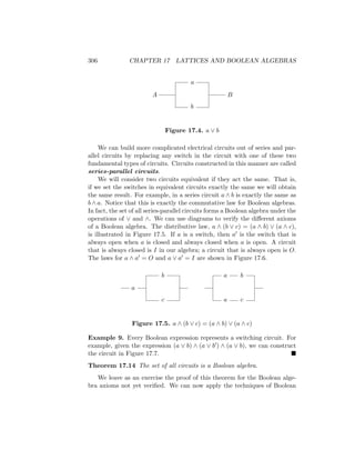 306 CHAPTER 17 LATTICES AND BOOLEAN ALGEBRAS
A B
a
b
Figure 17.4. a ∨ b
We can build more complicated electrical circuits out of series and par-
allel circuits by replacing any switch in the circuit with one of these two
fundamental types of circuits. Circuits constructed in this manner are called
series-parallel circuits.
We will consider two circuits equivalent if they act the same. That is,
if we set the switches in equivalent circuits exactly the same we will obtain
the same result. For example, in a series circuit a ∧ b is exactly the same as
b ∧ a. Notice that this is exactly the commutative law for Boolean algebras.
In fact, the set of all series-parallel circuits forms a Boolean algebra under the
operations of ∨ and ∧. We can use diagrams to verify the different axioms
of a Boolean algebra. The distributive law, a ∧ (b ∨ c) = (a ∧ b) ∨ (a ∧ c),
is illustrated in Figure 17.5. If a is a switch, then a0 is the switch that is
always open when a is closed and always closed when a is open. A circuit
that is always closed is I in our algebra; a circuit that is always open is O.
The laws for a ∧ a0 = O and a ∨ a0 = I are shown in Figure 17.6.
a
b
c
a
a
b
c
Figure 17.5. a ∧ (b ∨ c) = (a ∧ b) ∨ (a ∧ c)
Example 9. Every Boolean expression represents a switching circuit. For
example, given the expression (a ∨ b) ∧ (a ∨ b0) ∧ (a ∨ b), we can construct
the circuit in Figure 17.7. 
Theorem 17.14 The set of all circuits is a Boolean algebra.
We leave as an exercise the proof of this theorem for the Boolean alge-
bra axioms not yet verified. We can now apply the techniques of Boolean
 