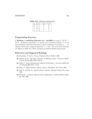 EXERCISES 311
Table 17.1. Boolean polynomials
x y x0
x ∨ y x ∧ y
0 0 1 0 0
0 1 1 1 0
1 0 0 1 0
1 1 0 1 1
Programming Exercises
A Boolean or switching function on n variables is a map f : {O, I}n
→
{0, I}. A Boolean polynomial is a special type of Boolean function: it is any
type of Boolean expression formed from a finite combination of variables x1, . . . , xn
together with O and I, using the operations ∨, ∧, and 0
. The values of the functions
are defined in Table 17.1. Write a program to evaluate Boolean polynomials.
References and Suggested Readings
[1] Donnellan, T. Lattice Theory. Pergamon Press, Oxford, 1968.
[2] Halmos, P. R. “The Basic Concepts of Algebraic Logic,” American Mathe-
matical Monthly 53 (1956), 363–87.
[3] Hohn, F. “Some Mathematical Aspects of Switching,” American Mathemat-
ical Monthly 62 (1955), 75–90.
[4] Hohn, F. Applied Boolean Algebra. 2nd ed. Macmillan, New York, 1966.
[5] Lidl, R. and Pilz, G. Applied Abstract Algebra. Springer-Verlag, New York,
1984.
[6] Whitesitt, J. Boolean Algebra and Its Applications. Addison-Wesley, Read-
ing, MA, 1961.
 