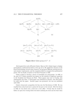 21.2 THE FUNDAMENTAL THEOREM 377
Q
Q(i)
Q(
√
2 ) Q(
√
2 i)
Q(
√
2, i)
Q( 4
√
2 ) Q( 4
√
2 i) Q((1 + i) 4
√
2 ) Q((1 − i) 4
√
2 )
Q( 4
√
2 )
H
H
H
H





H
H
H
H



H
H
H
H




HHH
H






PPPPPP
(a)
{id}
{id, σ2
} {id, στ}
{id, σ2
τ}
{id, σ, σ2
, σ3
}
{id, τ}
{id, σ2
, τ, σ2
τ} {id, σ2
, στ, σ3
τ}
{id, σ3
τ}
D4
H
H
H
H



HHH
H




HHH
H








H
HH
H
P
P
P
P
P
P

(b)
Figure 21.3. Galois group of x4 − 2
Abel inspired the work of Évariste Galois. Born in 1811, Galois began to display
extraordinary mathematical talent at the age of 14. He applied for entrance to the
École Polytechnique several times; however, he had great difficulty meeting the for-
mal entrance requirements, and the examiners failed to recognize his mathematical
genius. He was finally accepted at the École Normale in 1829.
Galois worked to develop a theory of solvability for polynomials. In 1829, at
the age of 17, Galois presented two papers on the solution of algebraic equations
to the Académie des Sciences de Paris. These papers were sent to Cauchy, who
subsequently lost them. A third paper was submitted to Fourier, who died before
he could read the paper. Another paper was presented, but was not published
until 1846.
Galois’s democratic sympathies led him into the Revolution of 1830. He was
expelled from school and sent to prison for his part in the turmoil. After his release
in 1832, he was drawn into a duel over a love affair. Certain that he would be
killed, he spent the evening before his death outlining his work and his basic ideas
 