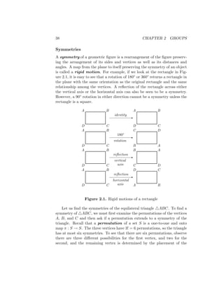 38 CHAPTER 2 GROUPS
Symmetries
A symmetry of a geometric figure is a rearrangement of the figure preserv-
ing the arrangement of its sides and vertices as well as its distances and
angles. A map from the plane to itself preserving the symmetry of an object
is called a rigid motion. For example, if we look at the rectangle in Fig-
ure 2.1, it is easy to see that a rotation of 180◦ or 360◦ returns a rectangle in
the plane with the same orientation as the original rectangle and the same
relationship among the vertices. A reflection of the rectangle across either
the vertical axis or the horizontal axis can also be seen to be a symmetry.
However, a 90◦ rotation in either direction cannot be a symmetry unless the
rectangle is a square.
-
reflection
horizontal
axis
-
reflection
vertical
axis
-
180◦
rotation
-
identity
A
A
A
A
D
D
D
D
B
B
B
B
C
C
C
C
D
B
C
A
A
C
B
D
C
A
D
B
B
D
A
C
Figure 2.1. Rigid motions of a rectangle
Let us find the symmetries of the equilateral triangle 4ABC. To find a
symmetry of 4ABC, we must first examine the permutations of the vertices
A, B, and C and then ask if a permutation extends to a symmetry of the
triangle. Recall that a permutation of a set S is a one-to-one and onto
map π : S → S. The three vertices have 3! = 6 permutations, so the triangle
has at most six symmetries. To see that there are six permutations, observe
there are three different possibilities for the first vertex, and two for the
second, and the remaining vertex is determined by the placement of the
 