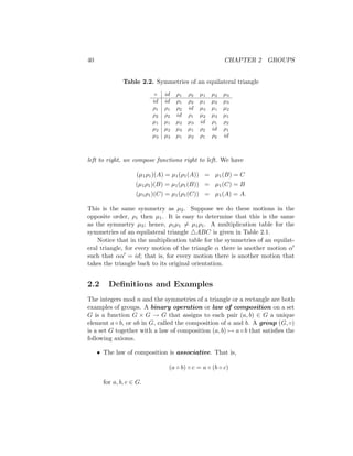 40 CHAPTER 2 GROUPS
Table 2.2. Symmetries of an equilateral triangle
◦ id ρ1 ρ2 µ1 µ2 µ3
id id ρ1 ρ2 µ1 µ2 µ3
ρ1 ρ1 ρ2 id µ3 µ1 µ2
ρ2 ρ2 id ρ1 µ2 µ3 µ1
µ1 µ1 µ2 µ3 id ρ1 ρ2
µ2 µ2 µ3 µ1 ρ2 id ρ1
µ3 µ3 µ1 µ2 ρ1 ρ2 id
left to right, we compose functions right to left. We have
(µ1ρ1)(A) = µ1(ρ1(A)) = µ1(B) = C
(µ1ρ1)(B) = µ1(ρ1(B)) = µ1(C) = B
(µ1ρ1)(C) = µ1(ρ1(C)) = µ1(A) = A.
This is the same symmetry as µ2. Suppose we do these motions in the
opposite order, ρ1 then µ1. It is easy to determine that this is the same
as the symmetry µ3; hence, ρ1µ1 6= µ1ρ1. A multiplication table for the
symmetries of an equilateral triangle 4ABC is given in Table 2.1.
Notice that in the multiplication table for the symmetries of an equilat-
eral triangle, for every motion of the triangle α there is another motion α0
such that αα0 = id; that is, for every motion there is another motion that
takes the triangle back to its original orientation.
2.2 Definitions and Examples
The integers mod n and the symmetries of a triangle or a rectangle are both
examples of groups. A binary operation or law of composition on a set
G is a function G × G → G that assigns to each pair (a, b) ∈ G a unique
element a ◦ b, or ab in G, called the composition of a and b. A group (G, ◦)
is a set G together with a law of composition (a, b) 7→ a ◦ b that satisfies the
following axioms.
• The law of composition is associative. That is,
(a ◦ b) ◦ c = a ◦ (b ◦ c)
for a, b, c ∈ G.
 