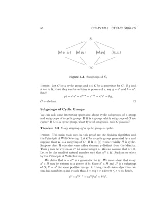 58 CHAPTER 3 CYCLIC GROUPS
S3
{id}
{id, ρ1, ρ2} {id, µ1} {id, µ2} {id, µ3}
!!!!!!!
!
aaaaaaa
a



S
S
S
S
S
S



a
a
a
a
a
a
a
a
!
!
!
!
!
!
!
!
Figure 3.1. Subgroups of S3
Proof. Let G be a cyclic group and a ∈ G be a generator for G. If g and
h are in G, then they can be written as powers of a, say g = ar and h = as.
Since
gh = ar
as
= ar+s
= as+r
= as
ar
= hg,
G is abelian. 
Subgroups of Cyclic Groups
We can ask some interesting questions about cyclic subgroups of a group
and subgroups of a cyclic group. If G is a group, which subgroups of G are
cyclic? If G is a cyclic group, what type of subgroups does G possess?
Theorem 3.3 Every subgroup of a cyclic group is cyclic.
Proof. The main tools used in this proof are the division algorithm and
the Principle of Well-Ordering. Let G be a cyclic group generated by a and
suppose that H is a subgroup of G. If H = {e}, then trivially H is cyclic.
Suppose that H contains some other element g distinct from the identity.
Then g can be written as an for some integer n. We can assume that n  0.
Let m be the smallest natural number such that am ∈ H. Such an m exists
by the Principle of Well-Ordering.
We claim that h = am is a generator for H. We must show that every
h0 ∈ H can be written as a power of h. Since h0 ∈ H and H is a subgroup
of G, h0 = ak for some positive integer k. Using the division algorithm, we
can find numbers q and r such that k = mq + r where 0 ≤ r  m; hence,
ak
= amq+r
= (am
)q
ar
= hq
ar
.
 