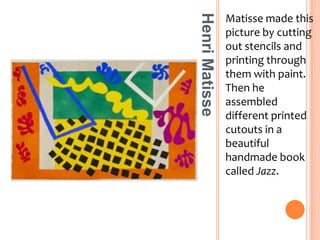 Wiggly shapes that dance and float! Bright bursts of color! When the artist Henri Matisse made this bold abstract picture, he was remembering the circus and his travels. The colorful shapes that fly across the picture might be trapeze performers or circus animals. Look at all the black squares. Are those the audience or a net below the flying acrobats?Henri Matisse