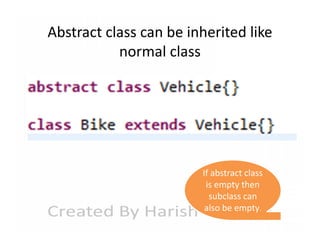 Abstract class can be inherited like
normal class

If abstract class
is empty then
subclass can
also be empty.

 