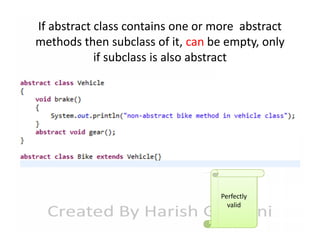 If abstract class contains one or more abstract
methods then subclass of it, can be empty, only
if subclass is also abstract

Perfectly
valid

 