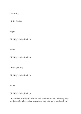 Dec VAX
Little Endian
Alpha
Bi (Big/Little) Endian
ARM
Bi (Big/Little) Endian
IA-64 (64 bit)
Bi (Big/Little) Endian
MIPS
Bi (Big/Little) Endian
Bi-Endian processors can be run in either mode, but only one
mode can be chosen for operation, there is no bi-endian byte
 