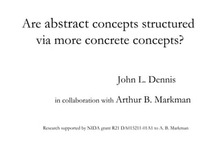 Are abstract concepts structured
via more concrete concepts?
John L. Dennis
in collaboration with Arthur B. Markman
Research supported by NIDA grant R21 DA015211-01A1 to A. B. Markman
 