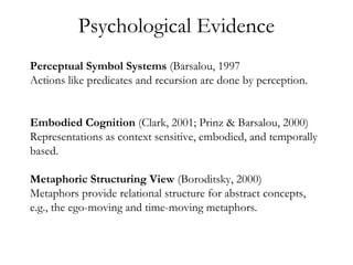 Perceptual Symbol Systems (Barsalou, 1997
Actions like predicates and recursion are done by perception.
Embodied Cognition (Clark, 2001; Prinz & Barsalou, 2000)
Representations as context sensitive, embodied, and temporally
based.
Metaphoric Structuring View (Boroditsky, 2000)
Metaphors provide relational structure for abstract concepts,
e.g., the ego-moving and time-moving metaphors.
Psychological Evidence
 