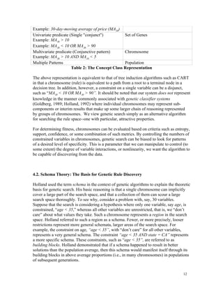 Example: 30-day-moving average of price (MA30)
Univariate predicate (Single "conjunct")         Set of Genes
Example: MA30 > 10
Example: MA30 < 10 OR MA30 > 90
Multivariate predicate (Conjunctive pattern)     Chromosome
Example: MA30 > 10 AND MA10 < 5
Multiple Patterns                                Population
                      Table 2: The Concept Class Representation

The above representation is equivalent to that of tree induction algorithms such as CART
in that a chromosome (rule) is equivalent to a path from a root to a terminal node in a
decision tree. In addition, however, a constraint on a single variable can be a disjunct,
such as “MA30 < 10 OR MA30 > 90”. It should be noted that our system does not represent
knowledge in the manner commonly associated with genetic classifier systems
(Goldberg, 1989; Holland, 1992) where individual chromosomes may represent sub-
components or interim results that make up some larger chain of reasoning represented
by groups of chromosomes. We view genetic search simply as an alternative algorithm
for searching the rule space--one with particular, attractive properties.

For determining fitness, chromosomes can be evaluated based on criteria such as entropy,
support, confidence, or some combination of such metrics. By controlling the numbers of
constrained variables in chromosomes, genetic search can be biased to look for patterns
of a desired level of specificity. This is a parameter that we can manipulate to control (to
some extent) the degree of variable interactions, or nonlinearity, we want the algorithm to
be capable of discovering from the data.



4.2. Schema Theory: The Basis for Genetic Rule Discovery

Holland used the term schema in the context of genetic algorithms to explain the theoretic
basis for genetic search. His basic reasoning is that a single chromosome can implicitly
cover a large part of the search space, and that a collection of them can scour a large
search space thoroughly. To see why, consider a problem with, say, 30 variables.
Suppose that the search is considering a hypothesis where only one variable, say age, is
constrained, “age < 35,” whereas all other variables are unrestricted, that is, we “don’t
care” about what values they take. Such a chromosome represents a region in the search
space. Holland referred to such a region as a schema. Fewer, or more precisely, looser
restrictions represent more general schemata, larger areas of the search space. For
example, the constraint on age, “age < 35”, with “don’t care” for all other variables,
represents a very general schema. The constraint “age < 35 AND state = CA” represents
a more specific schema. These constraints, such as “age < 35”, are referred to as
building blocks. Holland demonstrated that if a schema happened to result in better
solutions than the population average, then this schema would manifest itself through its
building blocks in above average proportions (i.e., in many chromosomes) in populations
of subsequent generations.


                                                                                        12
 