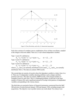 6                                                                     h 1 (m)



                   1           3       5           7               9        11        13        15            17        19        21




                                                                                                                             h 2 (m)
                                                                                                     6




                   1           3       5       7               9        11        13        15            17        19        21




                                                                            6                                                h 3 (m)



               1           3       5       7               9           11        13        15            17        19        21


                       Figure 10: Three Waveforms, each with a 21 dimensional measurement
                       vector

Each class consists of a random convex combination of two of these waveforms, sampled
at the integers with noise added. There are 21 real-valued independent variables.

Type 1 vector X is defined as:
        Xm = ux ∗ h1 (m) + (1 - ux) ∗ h2(m) + εxm ,   m = 1,2, ...., 21
Type 2 vector Y is defined as:
        Ym = uy ∗ h2(m) + (1 - uy) ∗ h3(m) + εym ,    m = 1,2, ...., 21
Type 3 vector Z is defined as:
        Zm = uz ∗ h3 (m) + (1 - uz) ∗ h1(m) + εzm ,   m = 1,2, ...., 21
where ux, uy, and uz are uniformly distributed in [0,1] and εxm , εym, and εzm are normally
distributed, N(0,1). This data set contains 5000 records.

The second data set consists of records where the dependent variable is a letter, from A to
Z. There are 16 independent variables denoting attributes such as shapes and their
positions and sizes. This data set contains 20000 records, with unequal numbers of
examples (cases) in each class. This is a challenging problem, in part due to the large
number of classes (26), and a significant amount of overlap in the patterns of independent
variables corresponding to the various classes.

The third data set consisted of prices of financial instruments constructed from the S&P
500 universe of stocks between January 1994 and January 1996, excluding mergers and
acquisitions. The objective was to predict returns one week ahead. Two classes were


                                                                                                                                       21
 