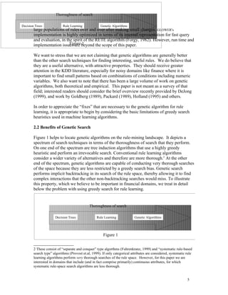 Thoroughness of search

Decision Trees              Rule Learning             Genetic Algorithms
        large populations of rules over and over after making small changes. GLOWER's
        implementation is highly optimized in terms of its internal representation for fast query
        and evaluation, in the spirit of the RETE algorithm (Forgy, 1982). However, run time and
                             Figure 1
        implementation issues are beyond the scope of this paper.

        We want to stress that we are not claiming that genetic algorithms are generally better
        than the other search techniques for finding interesting, useful rules. We do believe that
        they are a useful alternative, with attractive properties. They should receive greater
        attention in the KDD literature, especially for noisy domains like finance where it is
        important to find small patterns based on combinations of conditions including numeric
        variables. We also want to note that there has been a large volume of work on genetic
        algorithms, both theoretical and empirical. This paper is not meant as a survey of that
        field; interested readers should consider the brief overview recently provided by DeJong
        (1999), and work by Goldberg (1989), Packard (1989), Holland (1995) and others.

        In order to appreciate the “fixes” that are necessary to the genetic algorithm for rule
        learning, it is appropriate to begin by considering the basic limitations of greedy search
        heuristics used in machine learning algorithms.

        2.2 Benefits of Genetic Search

        Figure 1 helps to locate genetic algorithms on the rule-mining landscape. It depicts a
        spectrum of search techniques in terms of the thoroughness of search that they perform.
        On one end of the spectrum are tree induction algorithms that use a highly greedy
        heuristic and perform an irrevocable search. Conventional rule learning algorithms
        consider a wider variety of alternatives and therefore are more thorough.2 At the other
        end of the spectrum, genetic algorithms are capable of conducting very thorough searches
        of the space because they are less restricted by a greedy search bias. Genetic search
        performs implicit backtracking in its search of the rule space, thereby allowing it to find
        complex interactions that the other non-backtracking searches would miss. To illustrate
        this property, which we believe to be important in financial domains, we treat in detail
        below the problem with using greedy search for rule learning.


                                              Thoroughness of search

                      Decision Trees               Rule Learning             Genetic Algorithms




                                                       Figure 1


        2 These consist of “separate and conquer” type algorthms (Fuhrenkranz, 1999) and “systematic rule-based
        search type” algorithms (Provost et.al, 1999). If only categorical attributes are considered, systematic rule
        learning algorithms perform very thorough searches of the rule space. However, for this paper we are
        interested in domains that include (and in fact comprise primarily) continuous attributes, for which
        systematic rule-space search algorithms are less thorough.


                                                                                                                 5
 