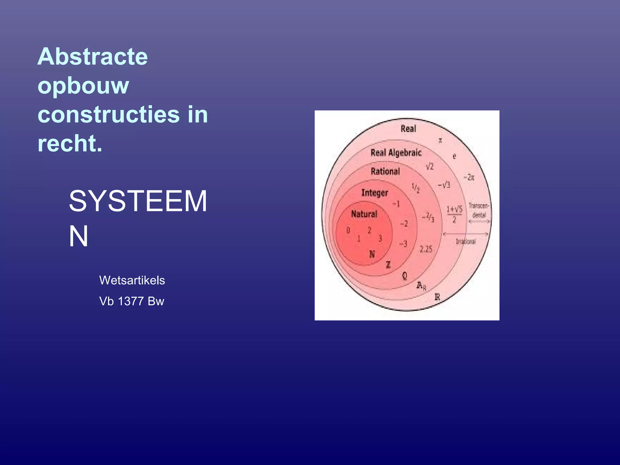 Abstracte
opbouw
constructies in
recht.
SYSTEEM
N
Wetsartikels
Vb 1377 Bw
 