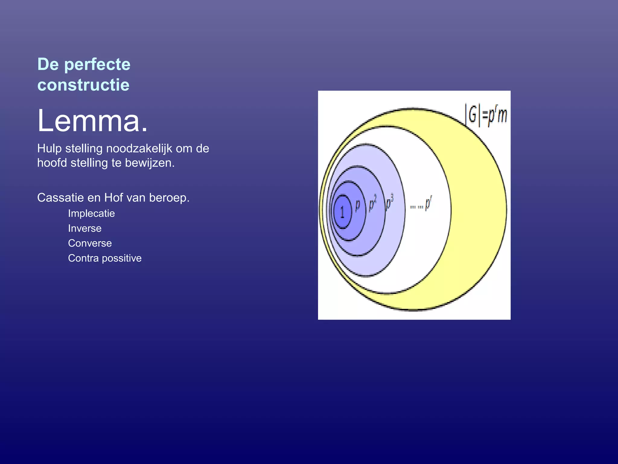 De perfecte
constructie
Lemma.
Hulp stelling noodzakelijk om de
hoofd stelling te bewijzen.
Cassatie en Hof van beroep.
Implecatie
Inverse
Converse
Contra possitive
 