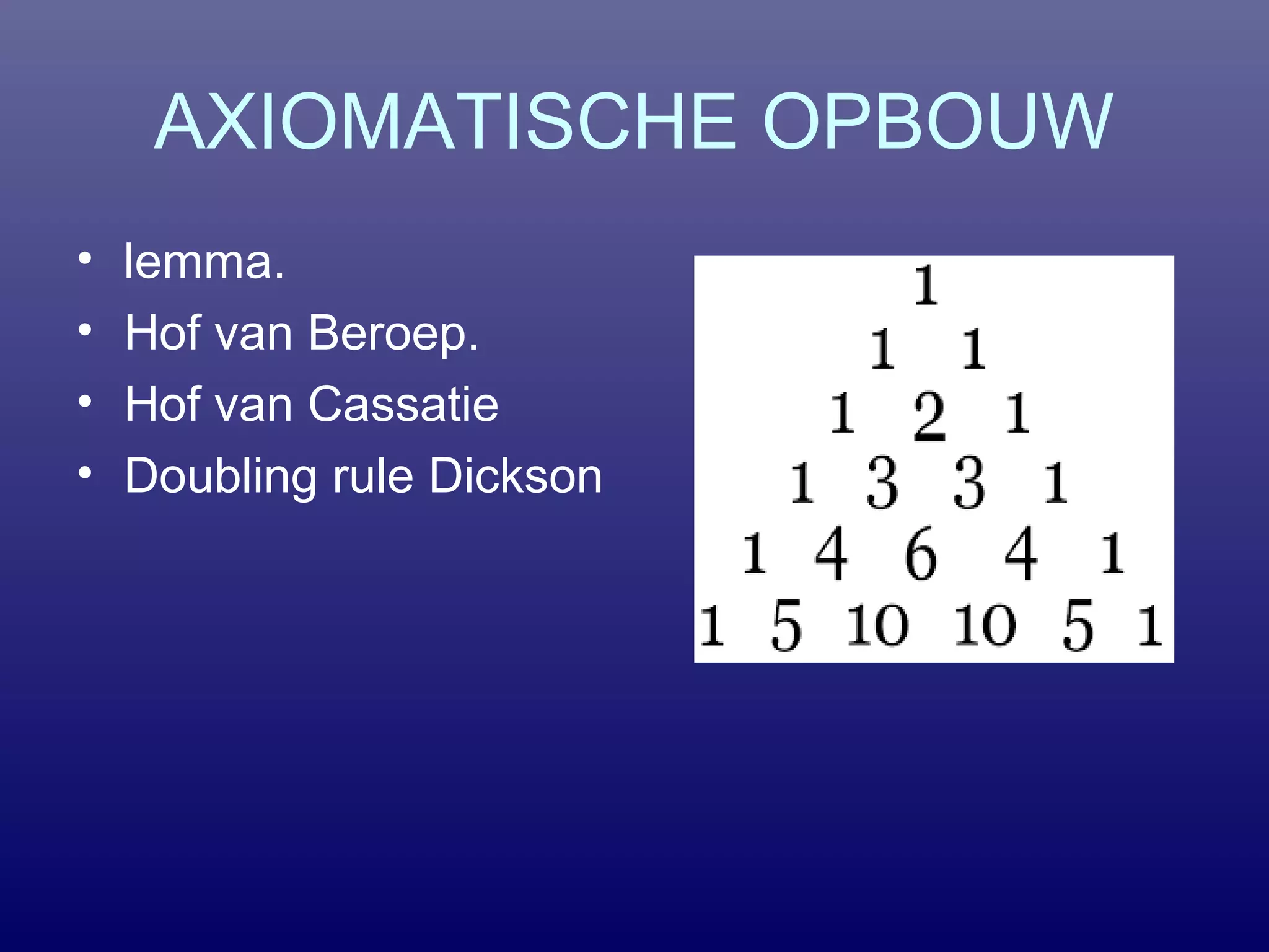 AXIOMATISCHE OPBOUW
• lemma.
• Hof van Beroep.
• Hof van Cassatie
• Doubling rule Dickson
 