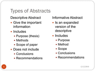 Types of Abstracts
    Descriptive Abstract   Informative Abstract
     Give the important    Is an expanded
      information            version of the
     Includes               descriptive
       Purpose (thesis)    Includes
       Methods               Purpose
       Scope of paper        Method
     Does not include        Scope
       Conclusions           Conclusions
       Recommendations       Recommendations


5                                            12/12/2010
 