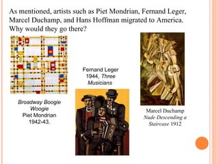 As mentioned, artists such as Piet Mondrian, Fernand Leger, Marcel Duchamp, and Hans Hoffman migrated to America. Why woul...