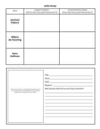 Artist Study
Jackson
Pollock
Subject Matter
(What did they paint/draw/etc?)
Characteristics/Style
(How did they paint/draw/etc?)
Willem
de Kooning
Artist
Hans
Hoffman
In this area, paste a color printed image of one of
your favorite pieces of artwork from the Abstract
Expressionism image bank provided.
Title: ____________________________________________
Artist: ___________________________________________
Date: ____________________________________________
Medium: _________________________________________
Why did you chose this as one of your favorites?
_________________________________________________
_________________________________________________
_________________________________________________
_________________________________________________
_________________________________________________
_________________________________________________
_________________________________________________
_________________________________________________
 