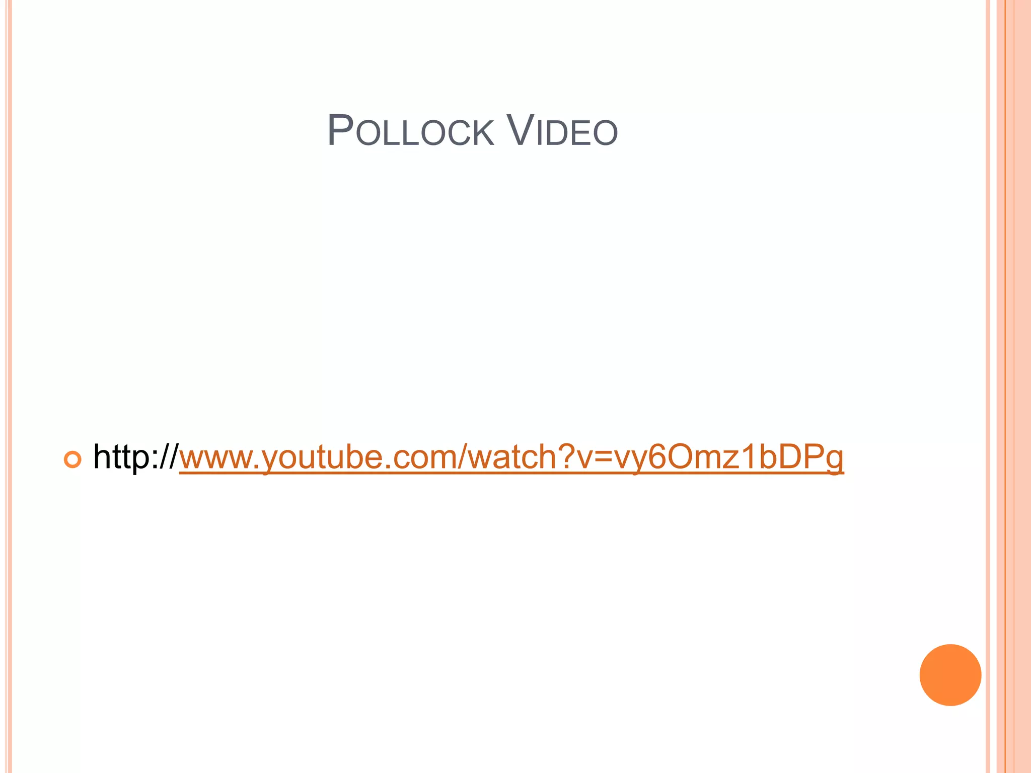 Jackson PollockBegan to study paint in 1929 at the Arts Students’ LeagueFixed canvas on floor or wallDripped or splashed paint onto the canvasManipulated canvas with sticks, knives or towelsUsed Surrealist methods, generating ideas and creativity through the unconscious mind.