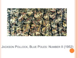 No representative subject matterAction Painting TechniquesUsed large brushes & dribbled or splashed paint onto canvasUsed Large CanvasesWanted to achieve spontaneous effectVigorous, sweeping brushstrokes to show emotionWork placed emphasis on painting process itself rather than the finished pieceNo representative subject matterBelieved spontaneity could be drawn from unconscious mind (Surrealism)