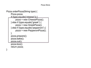 Pizza orderPizza(String type) {
Pizza pizza;
if (type.equals(“cheese”)) {
pizza = new CheesePizza();
} else if (type.equals(“greek”) {
pizza = new GreekPizza();
} else if (type.equals(“pepperoni”) {
pizza = new PepperoniPizza();
}
pizza.prepare();
pizza.bake();
pizza.cut();
pizza.box();
return pizza;
}
Pizza Store
 