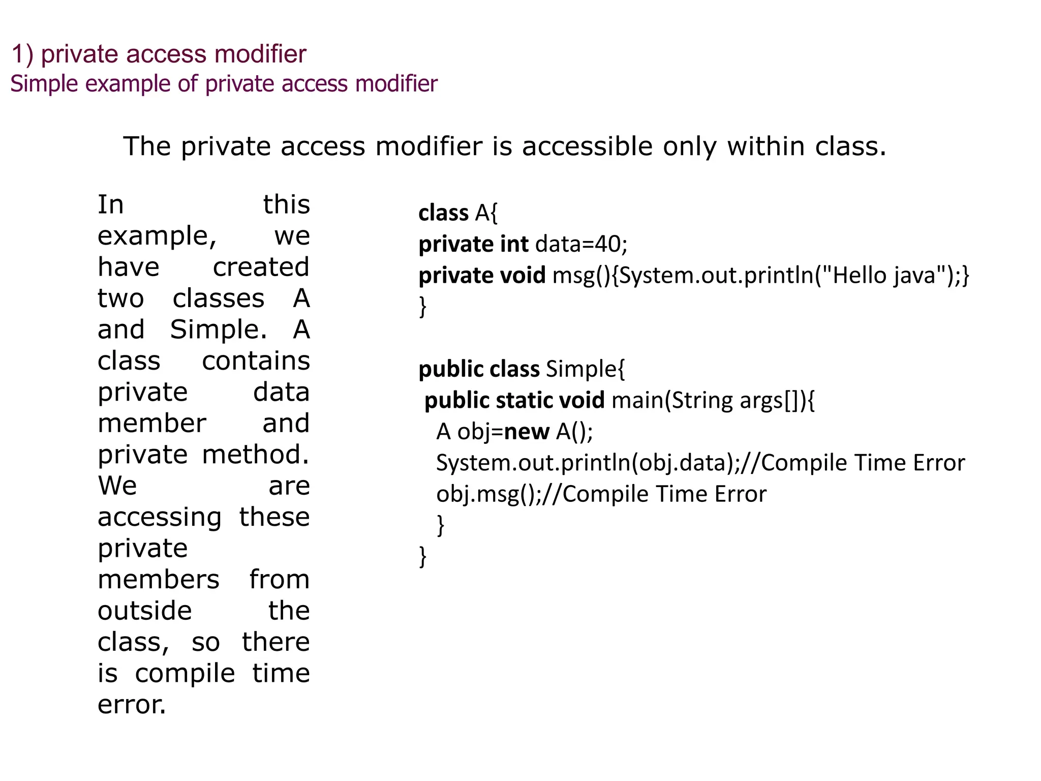 The private access modifier is accessible only within class.
In this
example, we
have created
two classes A
and Simple. A
class contains
private data
member and
private method.
We are
accessing these
private
members from
outside the
class, so there
is compile time
error.
1) private access modifier
Simple example of private access modifier
class A{
private int data=40;
private void msg(){System.out.println("Hello java");}
}
public class Simple{
public static void main(String args[]){
A obj=new A();
System.out.println(obj.data);//Compile Time Error
obj.msg();//Compile Time Error
}
}
 