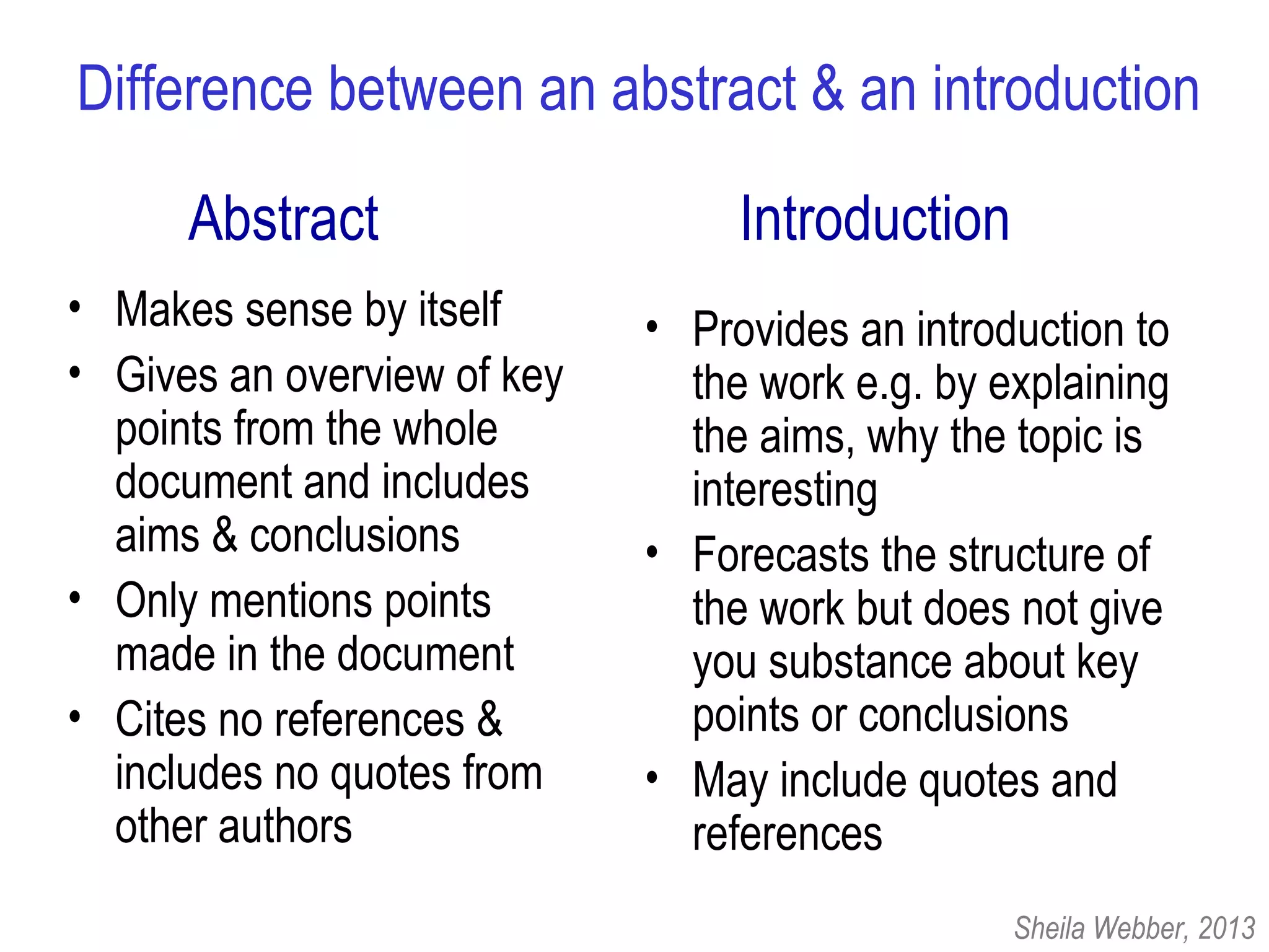 Abstract
• Makes sense by itself
• Gives an overview of key
points from the whole
document and includes
aims & conclusions
• Only mentions points
made in the document
• Cites no references &
includes no quotes from
other authors
• Provides an introduction to
the work e.g. by explaining
the aims, why the topic is
interesting
• Forecasts the structure of
the work but does not give
you substance about key
points or conclusions
• May include quotes and
references
Introduction
Difference between an abstract & an introduction
Sheila Webber, 2013
 