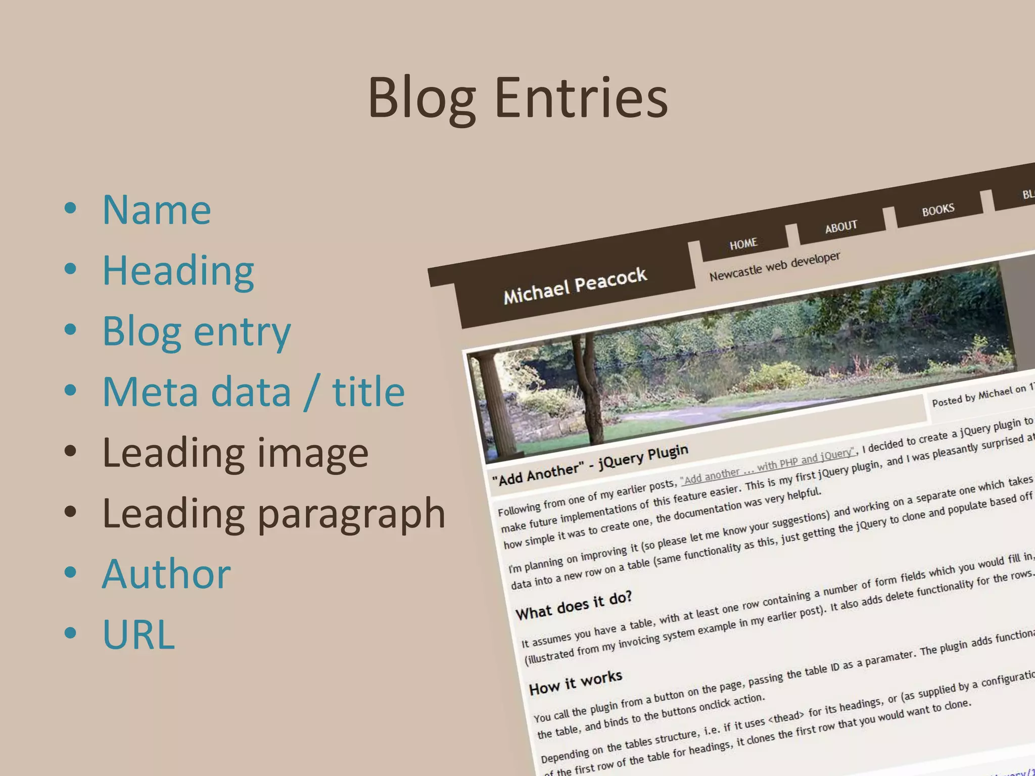 Blog EntriesNameHeadingBlog entryMeta data / titleLeading imageLeading paragraphAuthorURL