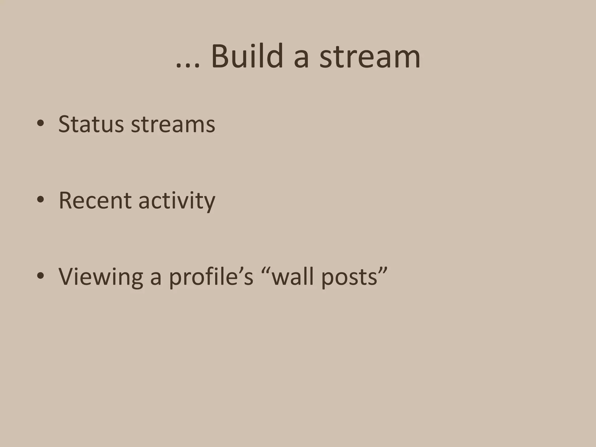 ... Build a streamStatus streamsRecent activityViewing a profile’s “wall posts”