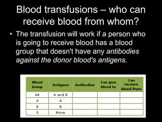 Blood transfusions – who can
receive blood from whom?
• The transfusion will work if a person who
is going to receive blood has a blood
group that doesn't have any antibodies
against the donor blood's antigens.
 