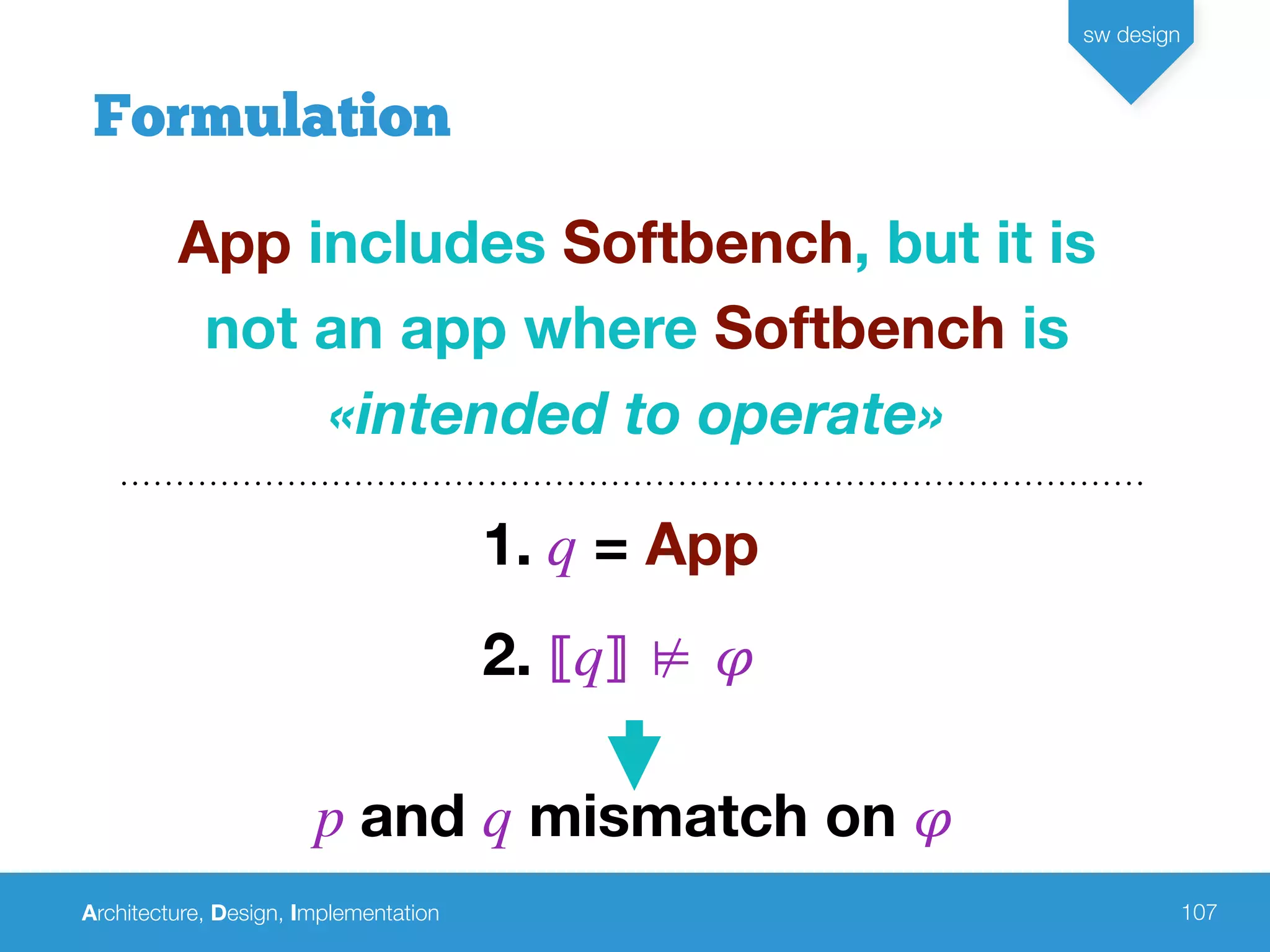 Architecture, Design, Implementation
sw design
107
Formulation
App includes Softbench, but it is
not an app where Softbench is
«intended to operate»
1. q = App
2. ⟦q⟧ ⊭ 𝜑
p and q mismatch on 𝜑
 