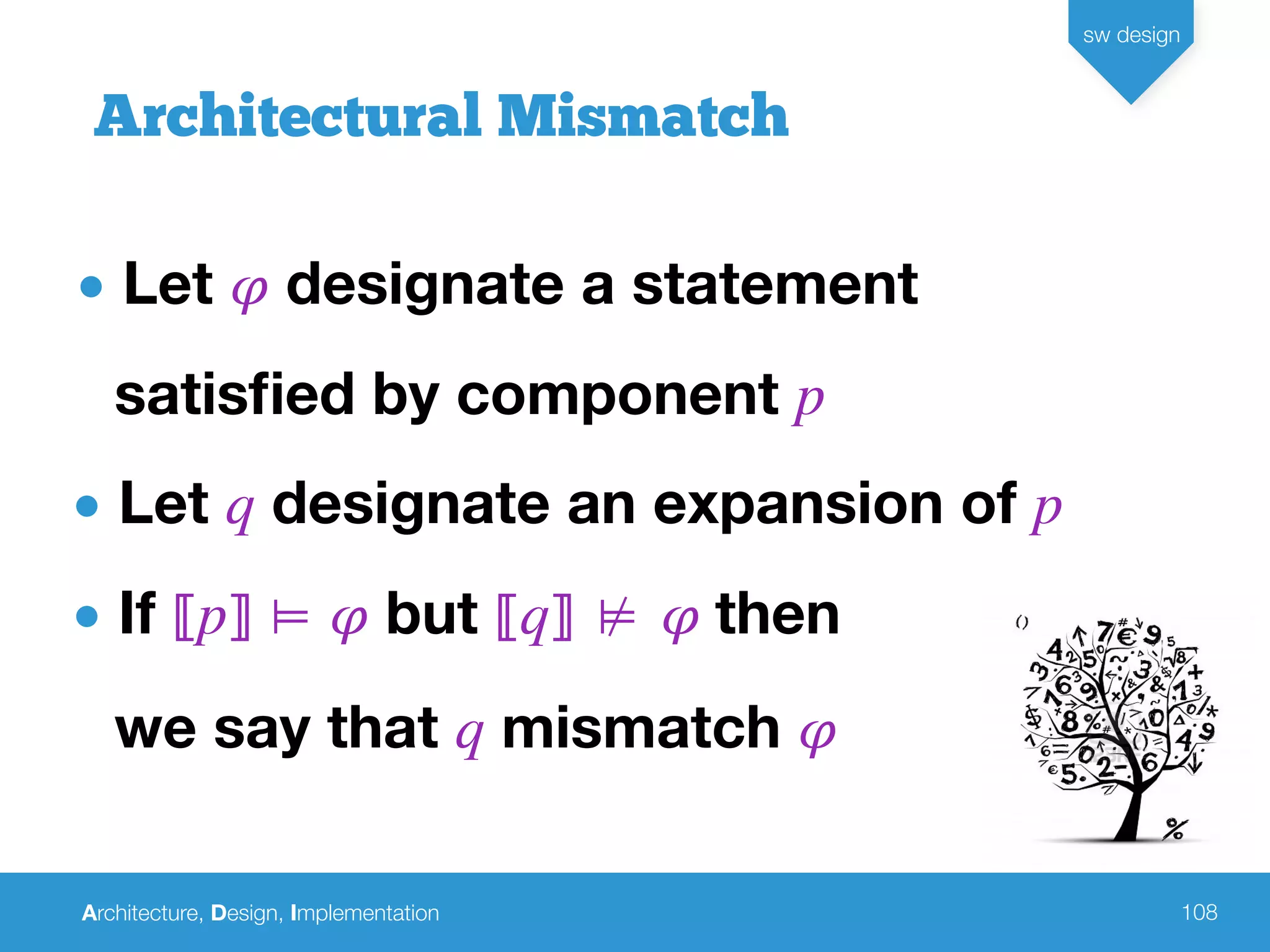 Architecture, Design, Implementation
sw design
108
Architectural Mismatch
• Let 𝜑 designate a statement
satisﬁed by component p
• Let q designate an expansion of p
• If ⟦p⟧ ⊨ 𝜑 but ⟦q⟧ ⊭ 𝜑 then
we say that q mismatch 𝜑
 